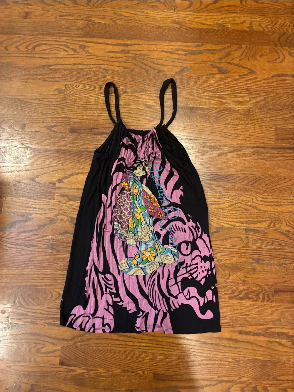 Black and Pink Graphic Spaghetti-Strap Women's Tank Top dress Ed Hardy Y2K small